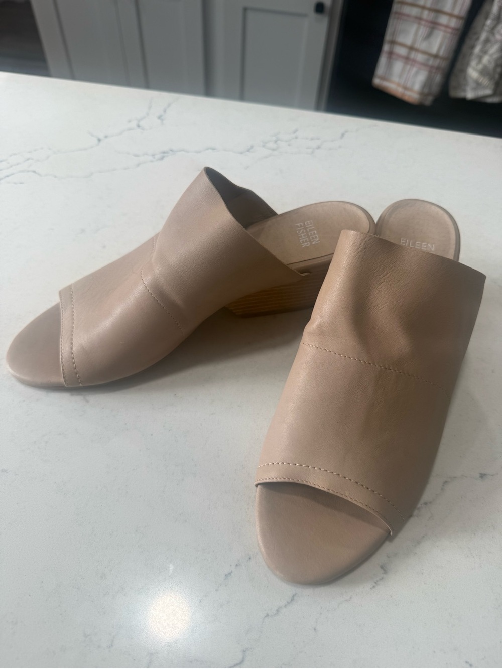 Eileen Fisher Women’s Beige Leather Slide Sandals Slip-On Open Toe Block US 9